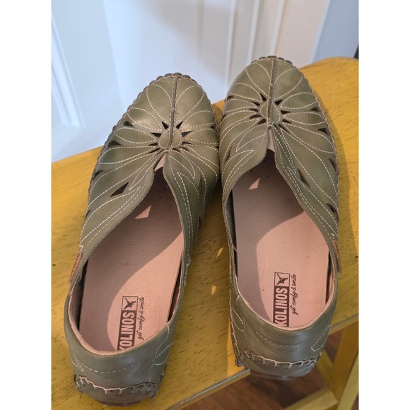 PIKOLINOS Shoes - Pikolinos Womens Sage Green Leather Laser Cut Floral Loafers Flats 41